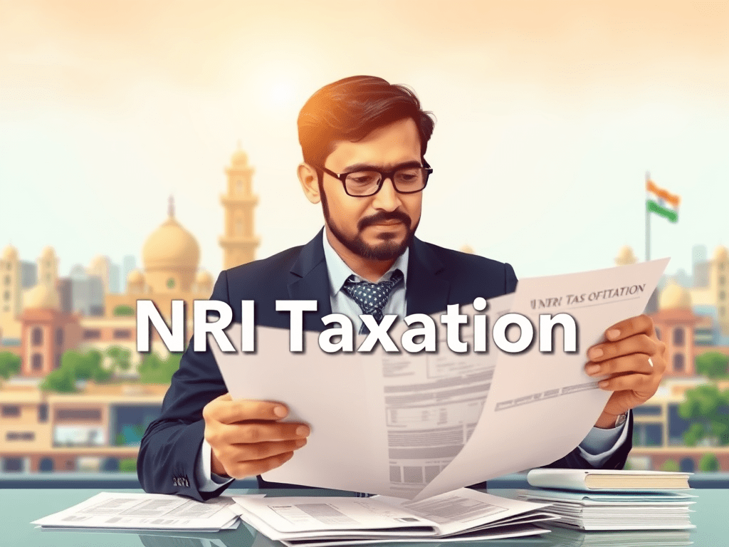 NRI holding tax papers with Indian monuments, representing NRI taxation in India